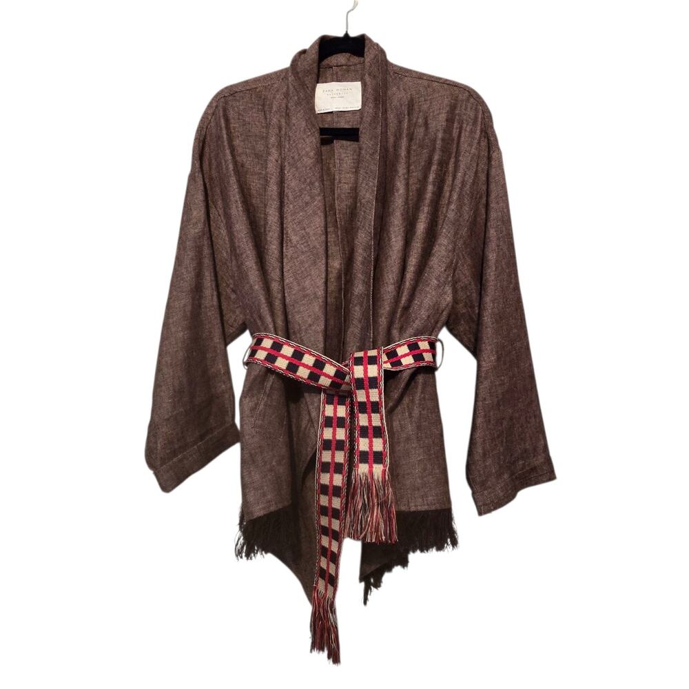 Zara 100% Linen Open Aztec Belt Jacket Womens M/LG Brown Fringe Western Boho